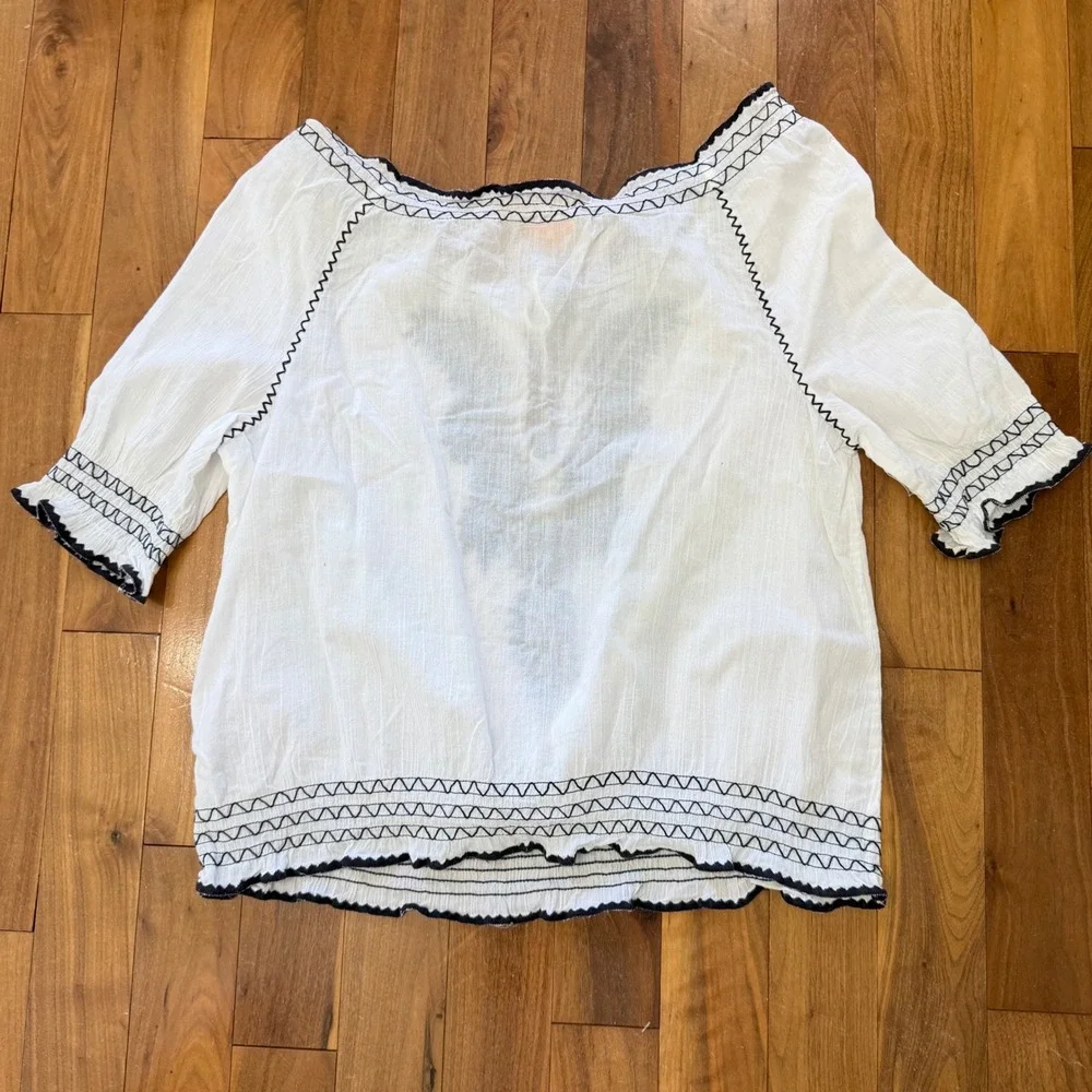 Tory Burch Peasant Blouse Med White Navy Embroidered Cotton Tassel Of Shoulder